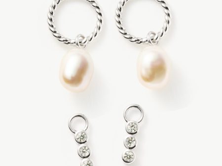 Twisted Pearl & Drop Hoop Earring Set | 18ct Sterling Silver Pearl For Sale