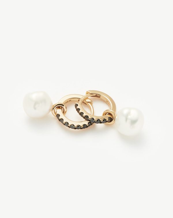 Fine Diamond & Pearl Charm Hoop Earrings | 14ct Solid Gold Pearl & Black Diamond For Sale