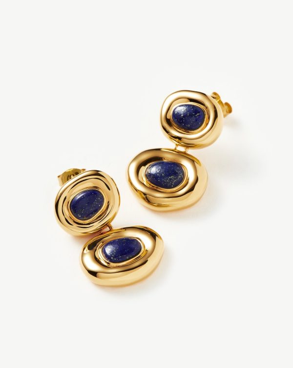 Molten Gemstone Doughnut Double Charm Drop Earrings | 18ct Gold Plated Lapis on Sale