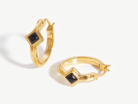 Single Stone Hoop Earrings | 18ct Gold Plated Black Onyx For Sale