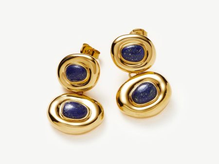 Molten Gemstone Doughnut Double Charm Drop Earrings | 18ct Gold Plated Lapis on Sale