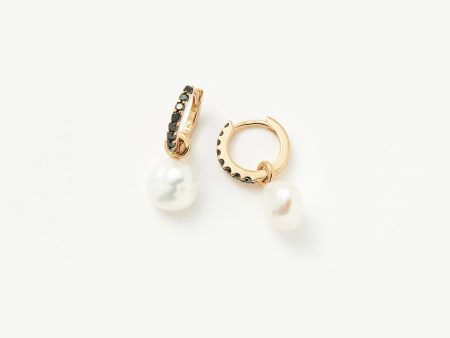 Fine Diamond & Pearl Charm Hoop Earrings | 14ct Solid Gold Pearl & Black Diamond For Sale