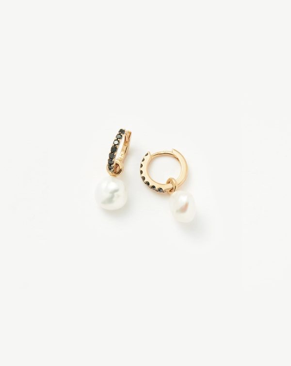 Fine Diamond & Pearl Charm Hoop Earrings | 14ct Solid Gold Pearl & Black Diamond For Sale