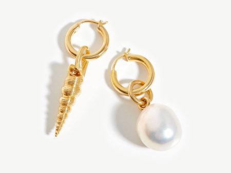 Baroque Pearl & Spiral Shell Hoop Earrings | 18ct Gold Vermeil Pearl For Sale