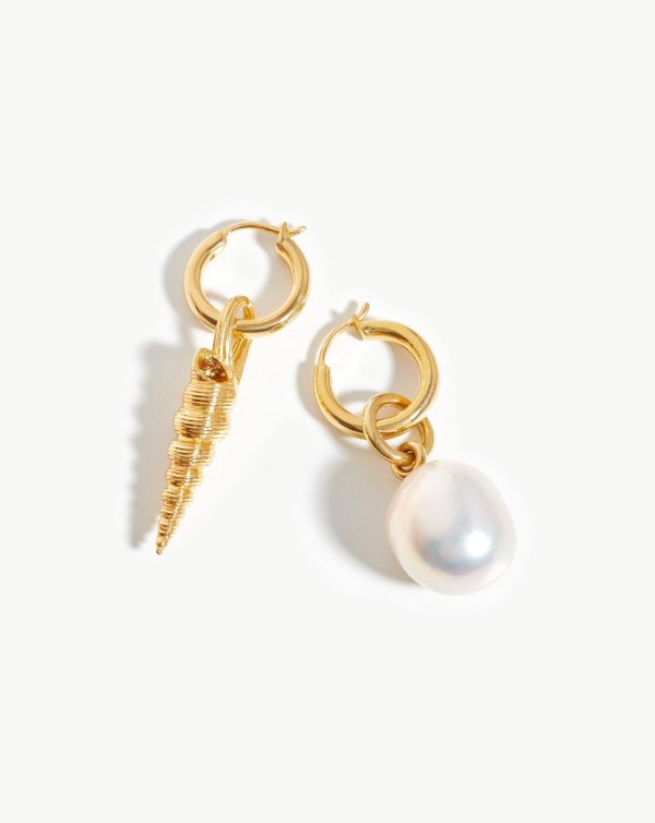 Baroque Pearl & Spiral Shell Hoop Earrings | 18ct Gold Vermeil Pearl For Sale