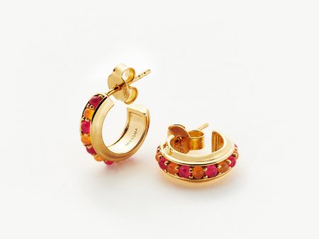 Hot Rox Gemstone Mini Hoop Earrings | 18ct Gold Vermeil Pink Quartz & Peach Chalcedony Fashion