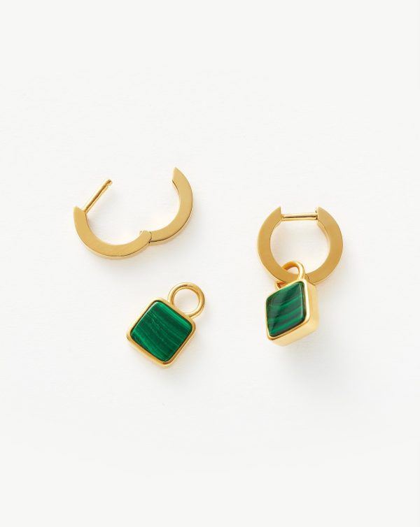 Lucy Williams Square Malachite Charm Hoop Earrings  | 18ct Gold Vermeil Malachite For Cheap