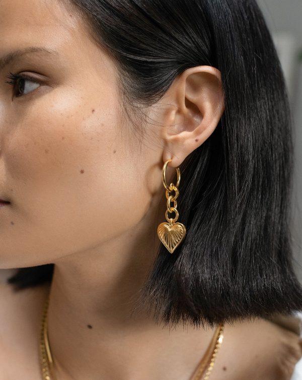 Ridge Heart Drop Hoop Earrings | 18ct Gold Plated Online now