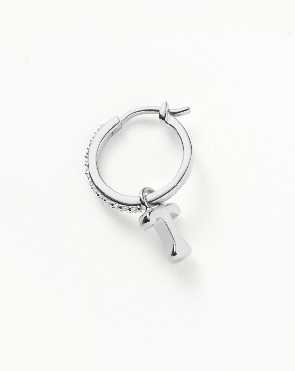 Initial Single Charm Hoop Earring  - Initial T | Sterling Silver For Sale