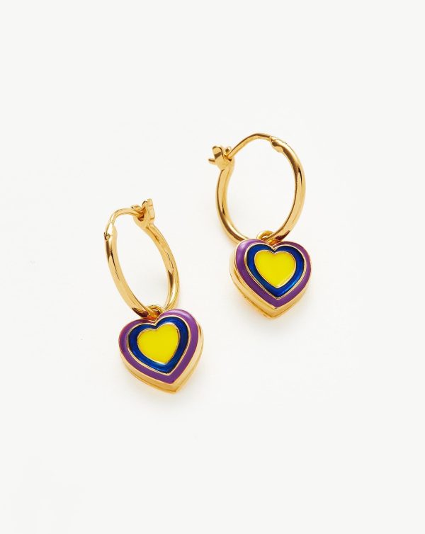 Good Vibes Enamel Heart Mini Charm Hoop Earrings | 18ct Gold Vermeil Purple & Lemon Yellow Online Hot Sale