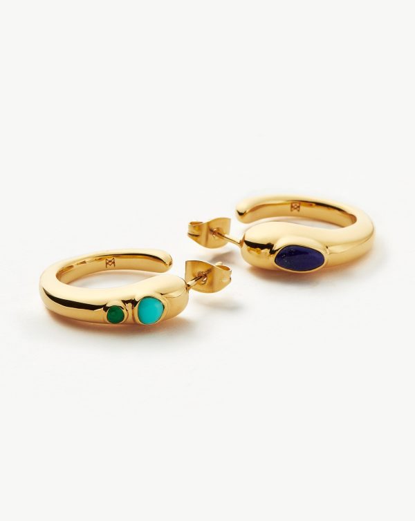 Molten Gemstone Mismatched Medium Hoop Earrings | 18ct Gold Plated Chalcedony & Turquoise & Lapis For Cheap