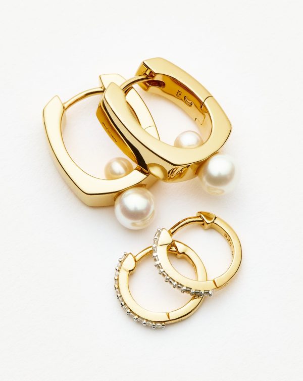 Pearl Square & Pave Small Hoop Earring Set | 18ct Gold Vermeil Cubic Zirconica Pearl Online Hot Sale