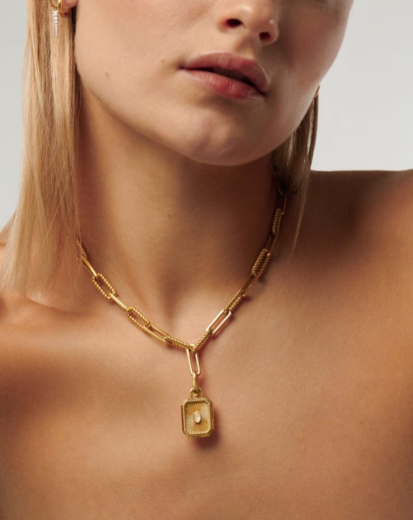 Engravable Square Locket Chain Necklace | 18ct Gold Plated Rainbow Moonstone Fashion