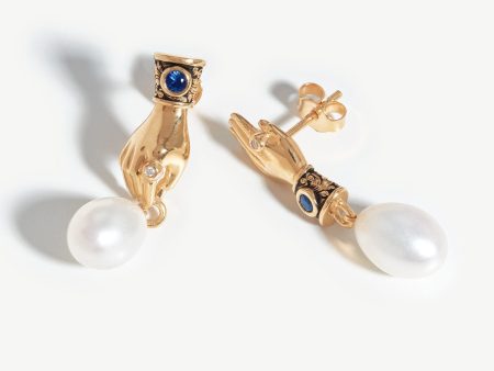 Harris Reed Fine Handpicked Drop Earrings | 14ct Solid Gold Pearl & Blue Sapphire Discount