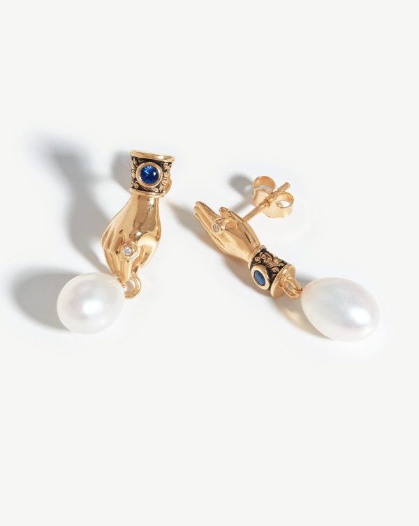 Harris Reed Fine Handpicked Drop Earrings | 14ct Solid Gold Pearl & Blue Sapphire Discount