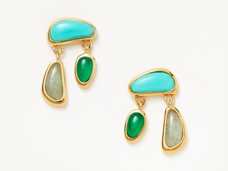 Molten Gemstone Floating Charm Stud Earrings | 18ct Gold Plated Chalcedony & Turquoise & Aquamarine Fashion