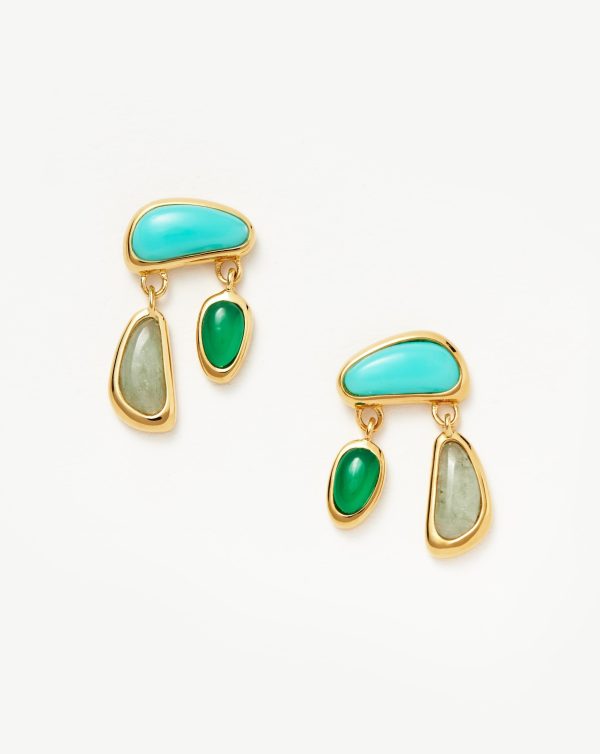 Molten Gemstone Floating Charm Stud Earrings | 18ct Gold Plated Chalcedony & Turquoise & Aquamarine Fashion