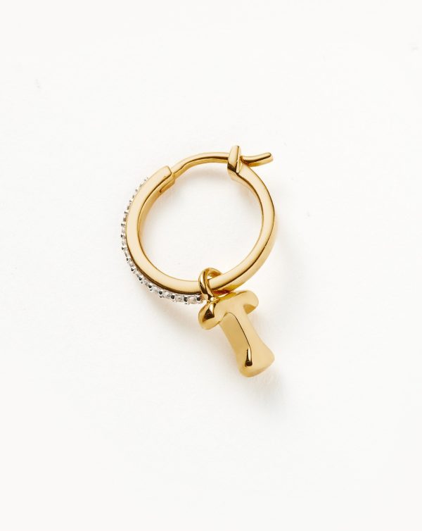 Initial Single Charm Hoop Earring - Initial T | 18ct Gold Vermeil Fashion