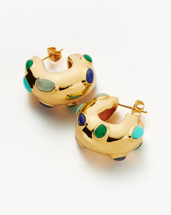 Molten Gemstone Chubby Small Hoop Earrings | 18ct Gold Plated Chalcedony & Turquoise & Lapis For Sale