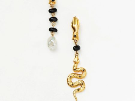 Harris Reed Handpicked Serpent Mismatch Earrings | 18ct Gold Plated Pearl & Black Onyx Online Sale