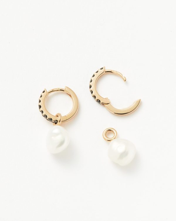 Fine Diamond & Pearl Charm Hoop Earrings | 14ct Solid Gold Pearl & Black Diamond For Sale