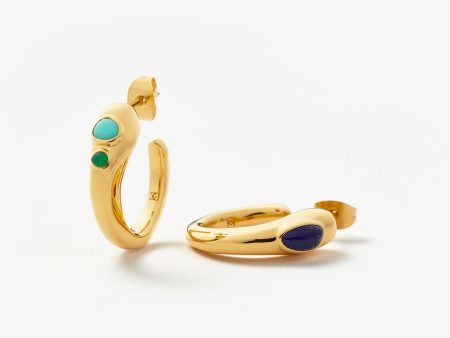 Molten Gemstone Mismatched Medium Hoop Earrings | 18ct Gold Plated Chalcedony & Turquoise & Lapis For Cheap