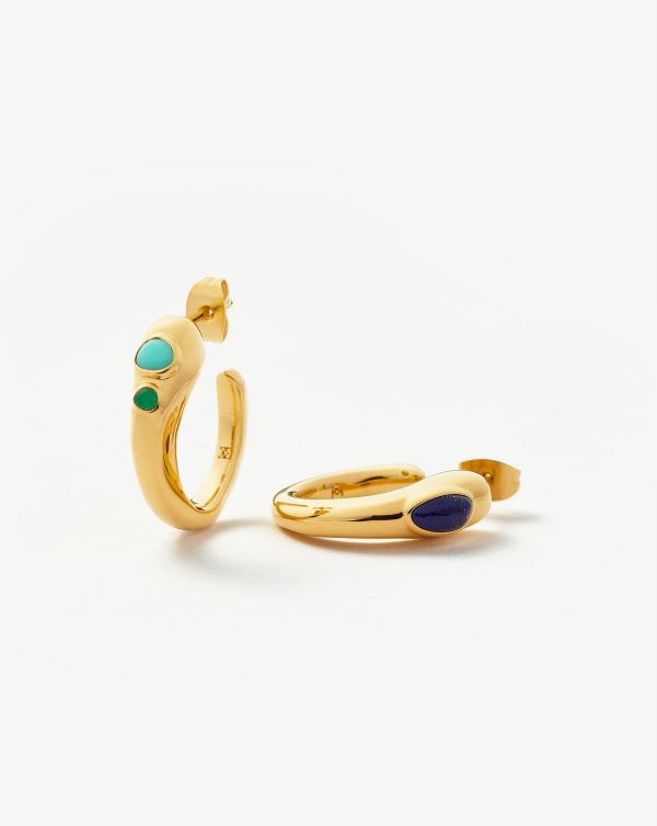 Molten Gemstone Mismatched Medium Hoop Earrings | 18ct Gold Plated Chalcedony & Turquoise & Lapis For Cheap