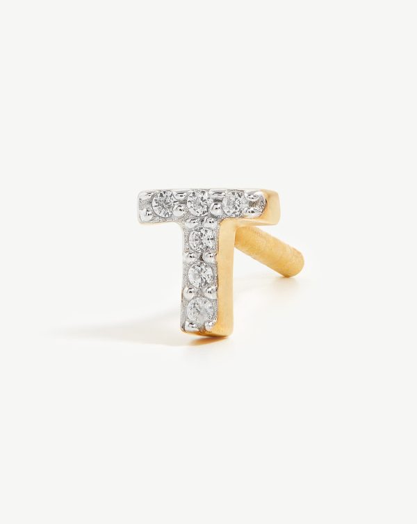 Pave Initial Single Stud Earring - Initial T | 18ct Gold Vermeil Cubic Zirconia on Sale