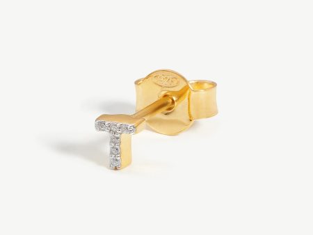 Pave Initial Single Stud Earring - Initial T | 18ct Gold Vermeil Cubic Zirconia on Sale