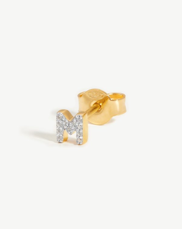 Pave Initial Single Stud Earring - Initial M | 18ct Gold Vermeil Cubic Zirconia Fashion